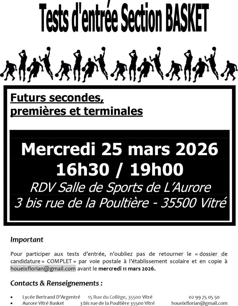 Flyer des tests d’entrée de la section sportive basket