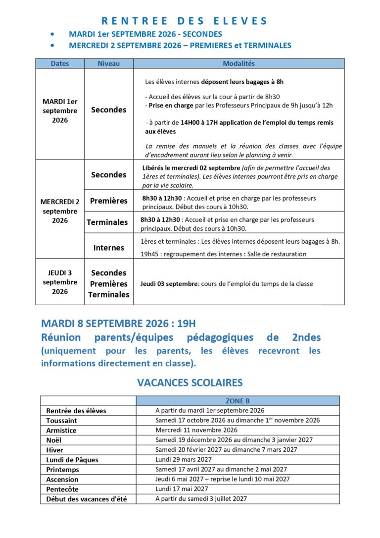 Rentrée des élèves 2026