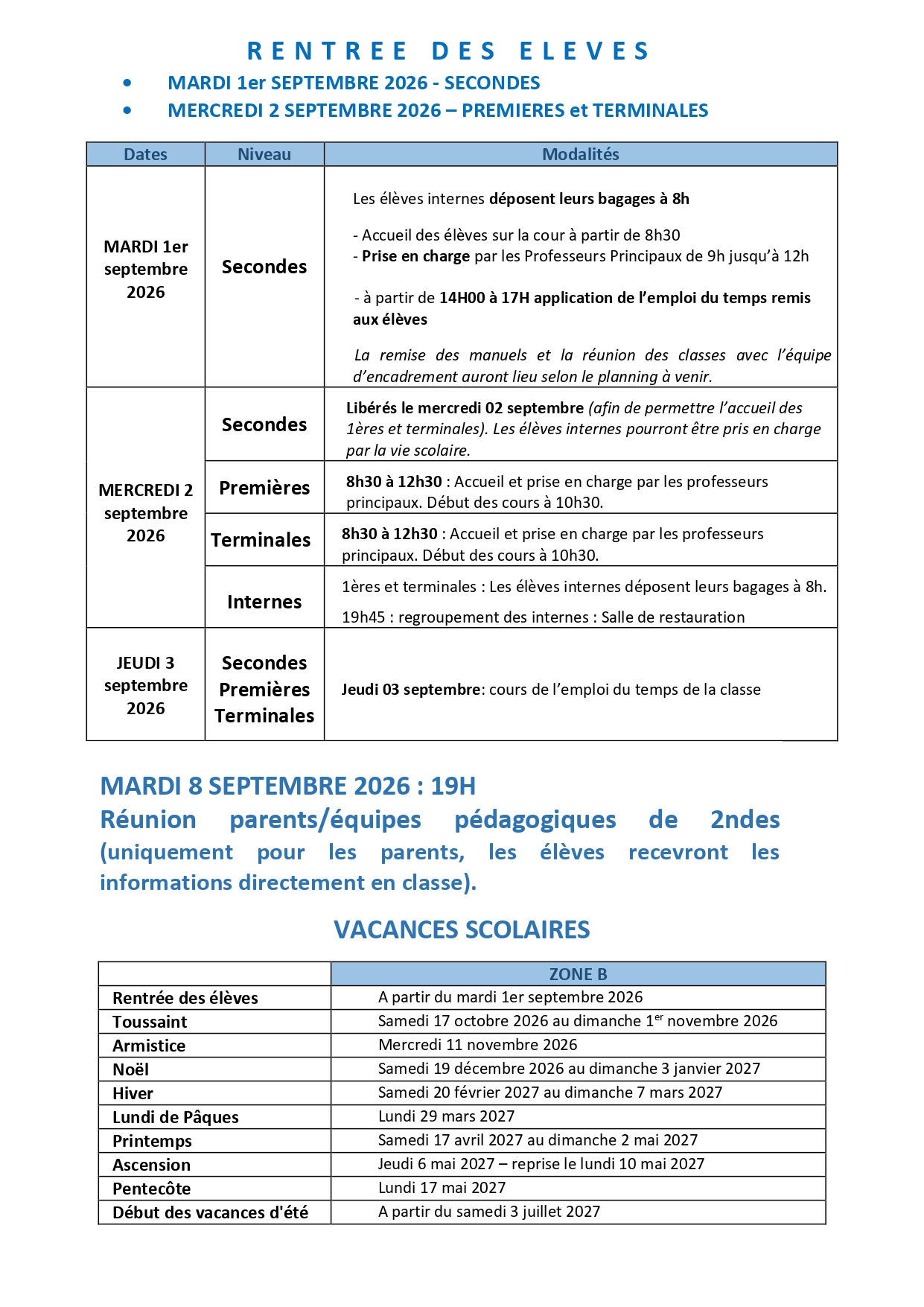Rentrée des élèves 2026