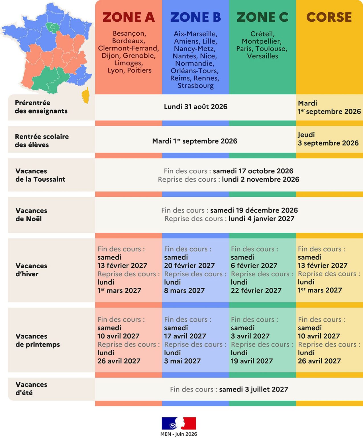 Calendrier scolaire 2026-2027, Métropole et Corse