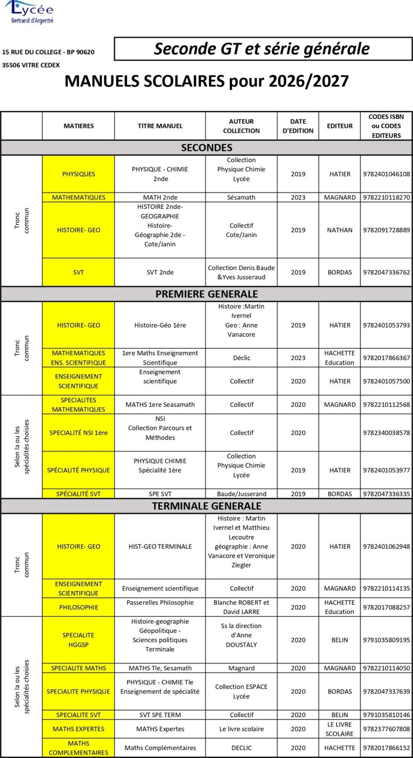 manuels scolaires LBA série générale - 2026-2027